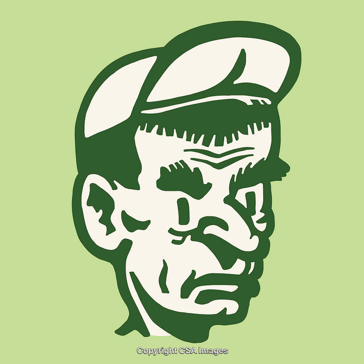 Vintage Line Art Illustration of a Cap-Wearing Man on Green Background