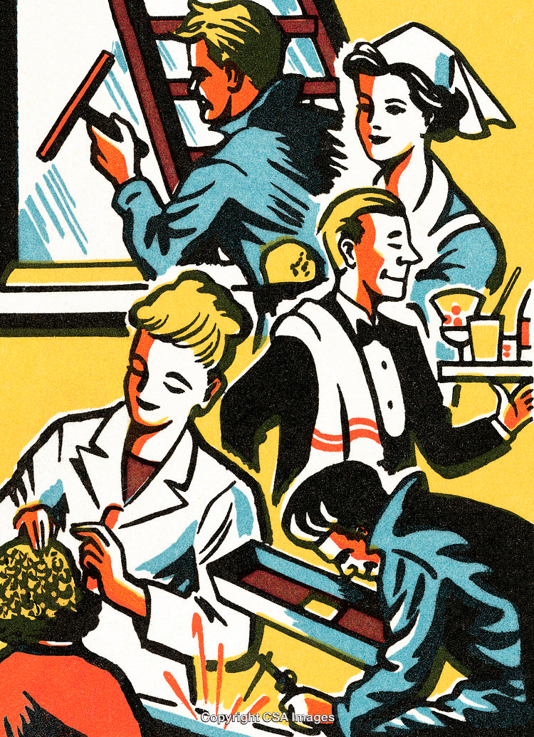 Illustration Depicting Various Professional Occupations in a Vintage Art Style