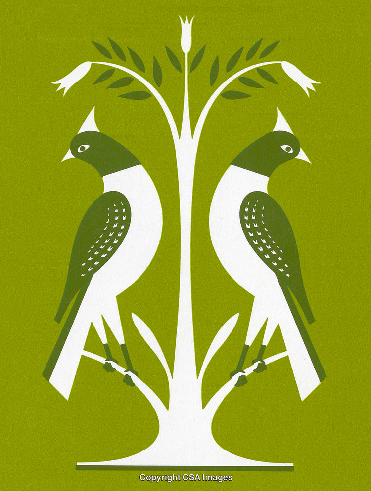 Symmetrical Artwork of Two Birds Facing Outward with a Tree Centerpiece
