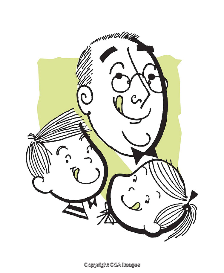 Retro Style Illustration Featuring Cheerful Family in Black and Green Tones