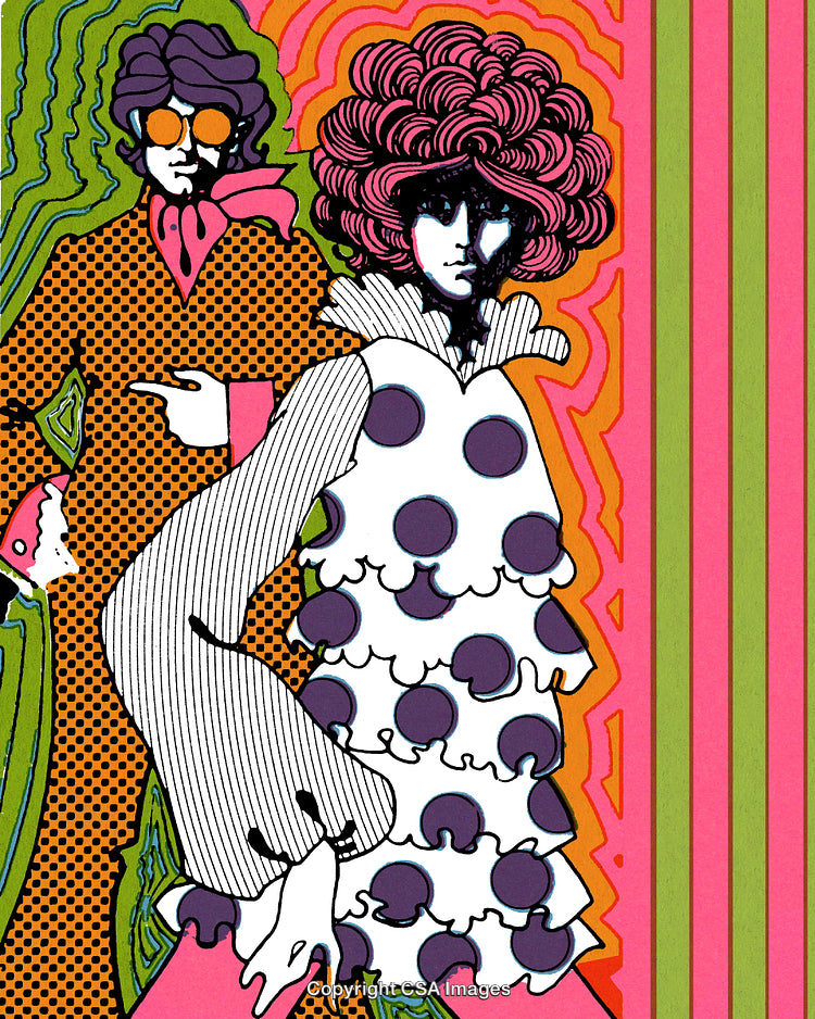 Retro Psychedelic Artwork Featuring Colorful Figures in Vibrant Patterns