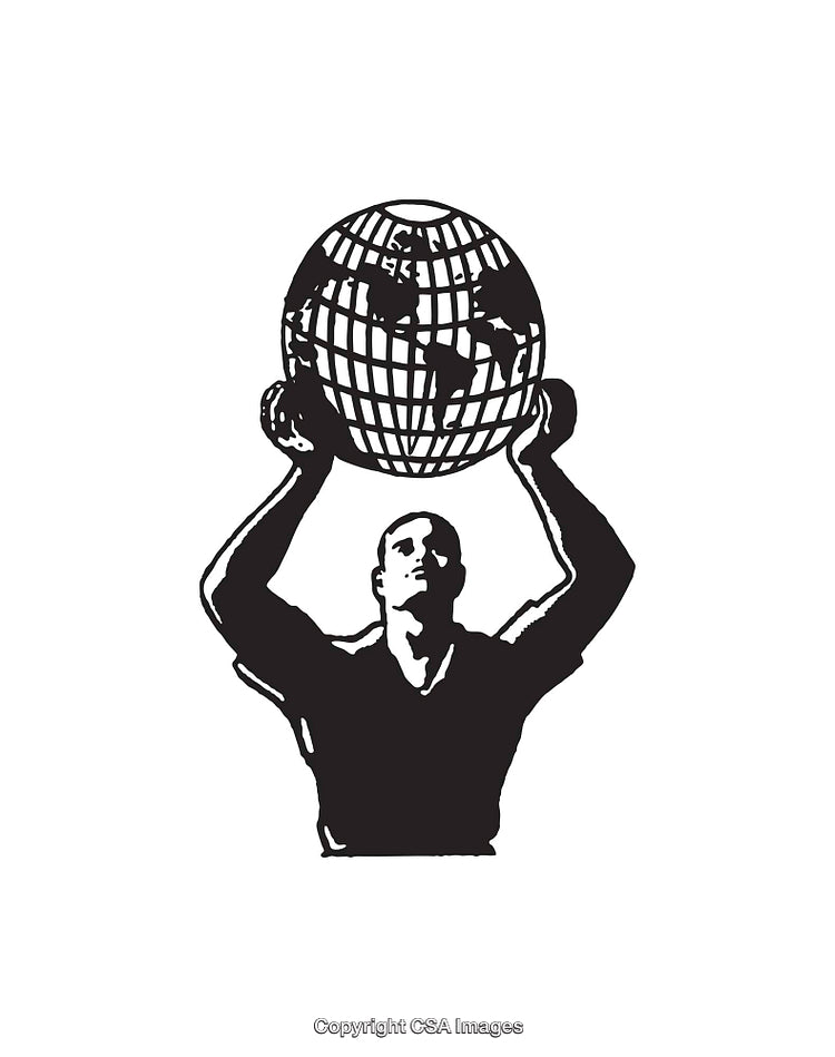 Black and White Illustration of Person Supporting a Globe
