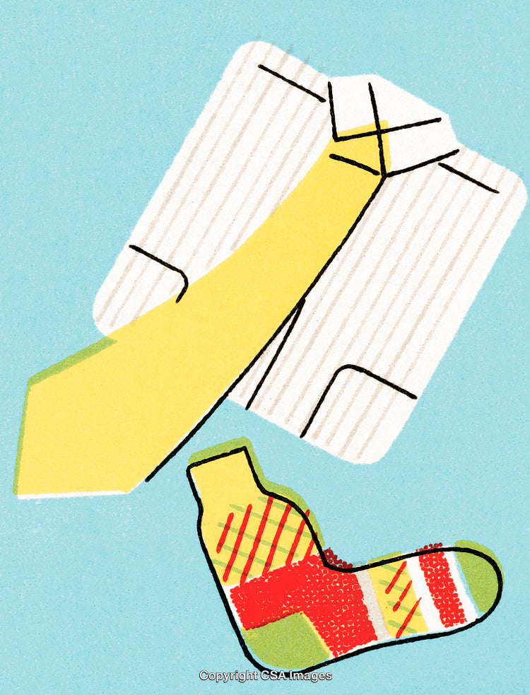 Illustration of Business Apparel Featuring Shirt, Tie, and Colorful Sock on Blue Background