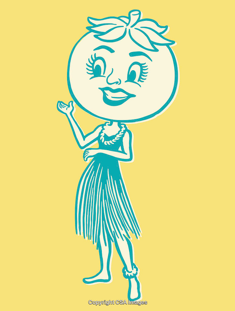 Whimsical Cartoon Tomato Character Wearing a Hula Skirt on Yellow Background