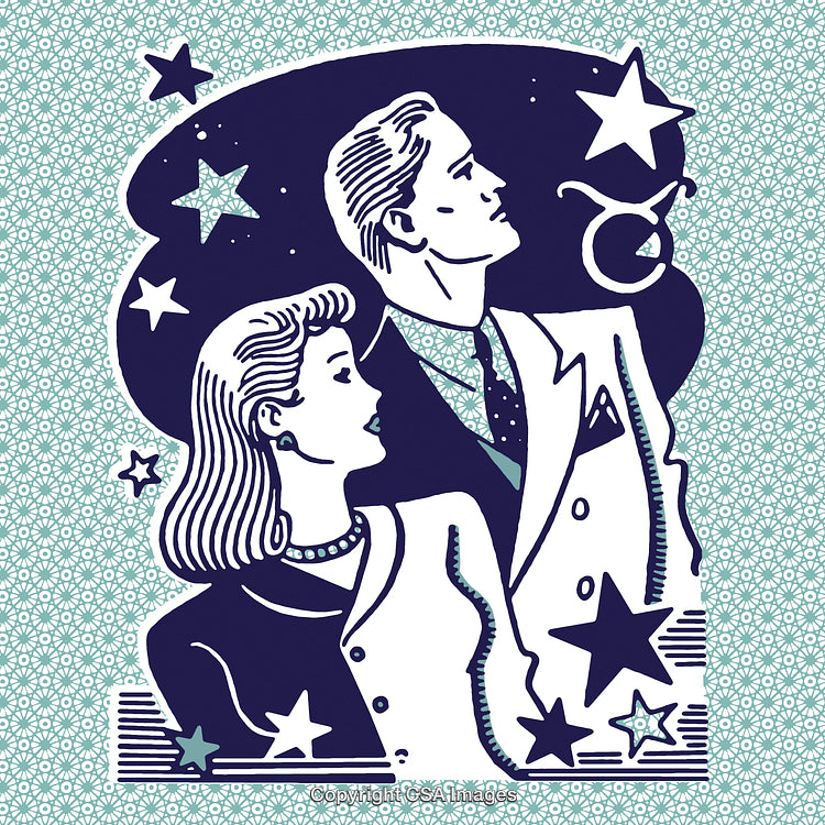 Retro Style Illustration of a Couple Staring into the Starry Sky