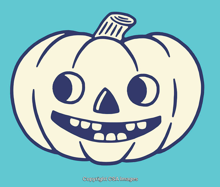 Smiling Halloween Pumpkin Illustration on Vibrant Turquoise Background