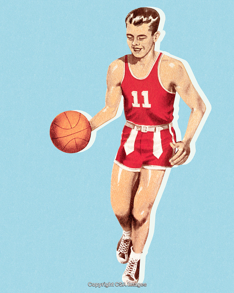 Vintage Illustration of Basketball Player Dribbling in Red Uniform