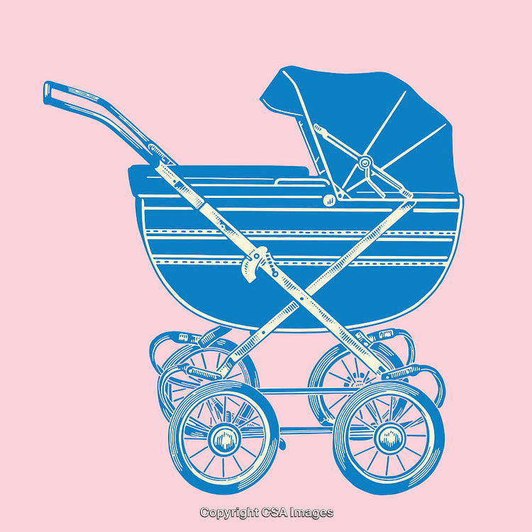 Vintage Baby Carriage Illustration in Blue on Pink Background