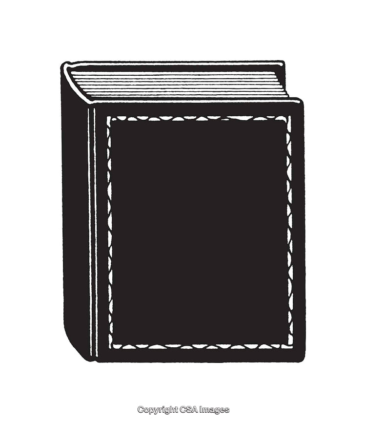 Black and White Book Illustration with Stitched Border on White Background