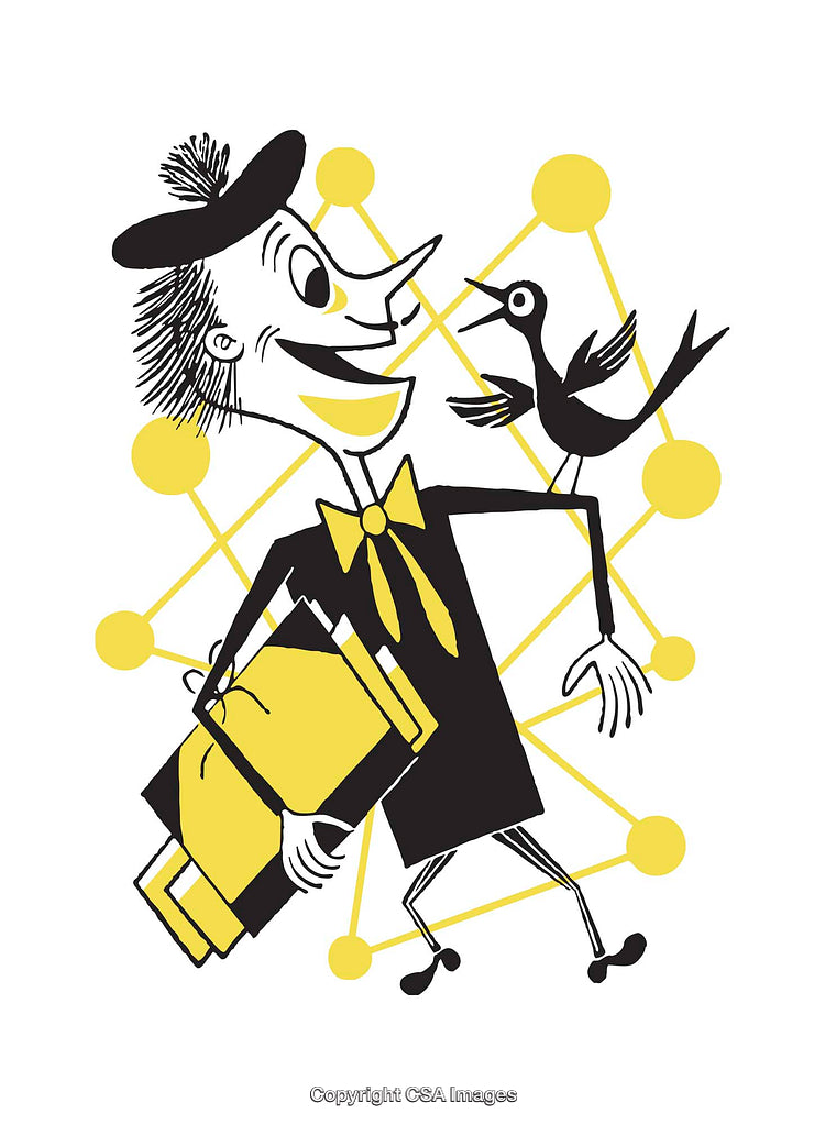 Whimsical Illustration of a Cheerful Gentleman with Bird Companion