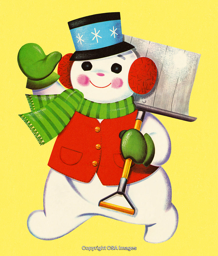 Cheerful Snowman With Shovel on Yellow Background Illustrating Winter Fun