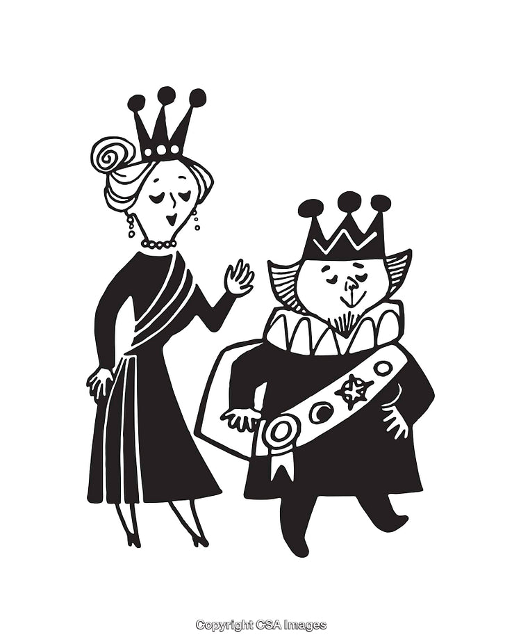 Black and White Line Art Depicting a King and Queen Cartoon