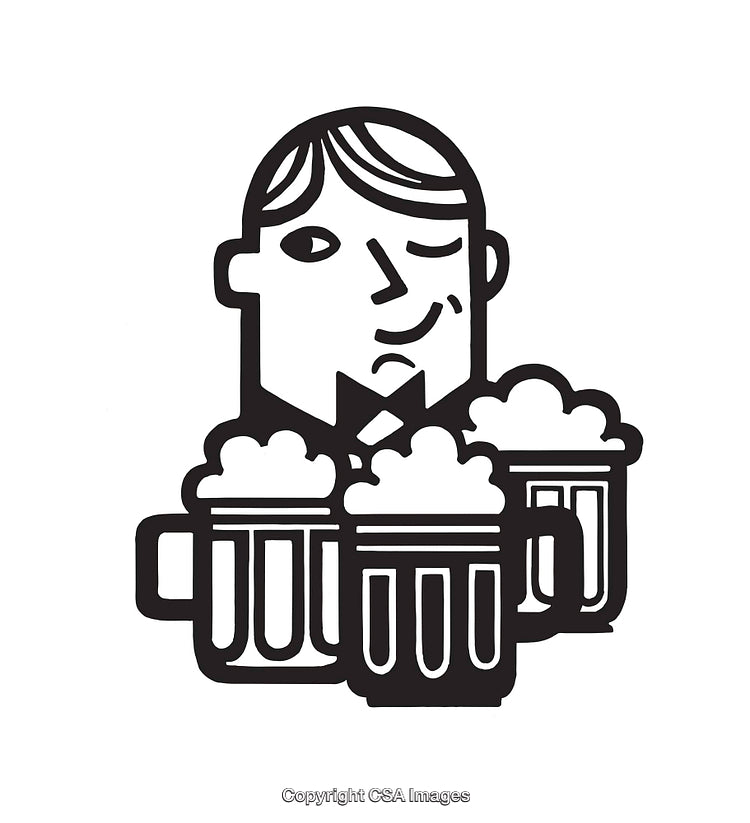Black And White Line Art Smiling Man With Beer Mugs Artwork
