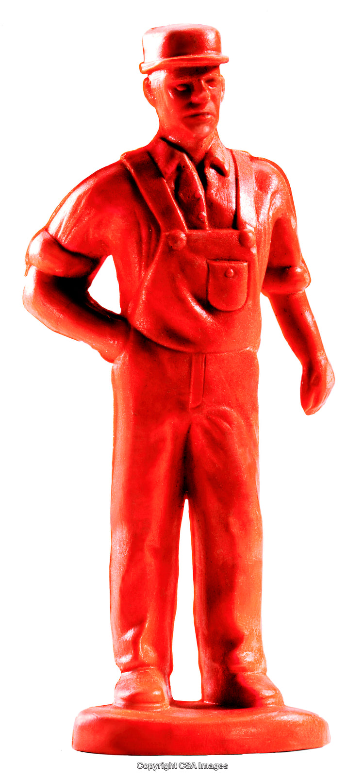Red Plastic Worker Figure in Overalls Standing on a Flat Base