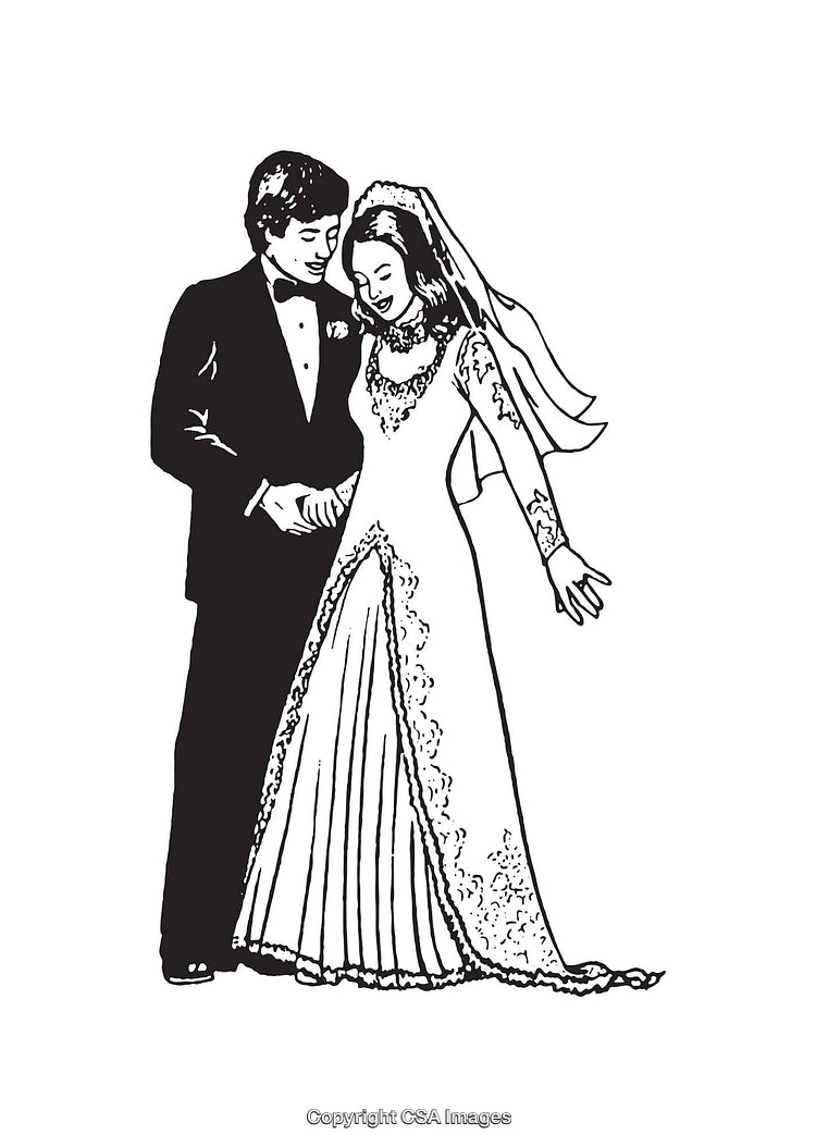 Black and White Illustration of a Wedding Couple in Elegant Attire