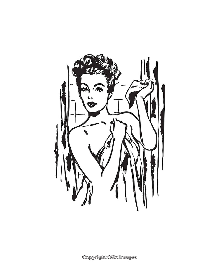 Vintage Black and White Illustration of a Woman Holding a Towel