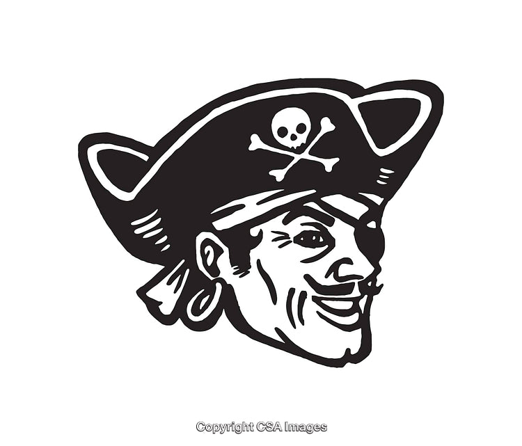 Black and White Pirate Illustration with Skull and Crossbones Hat