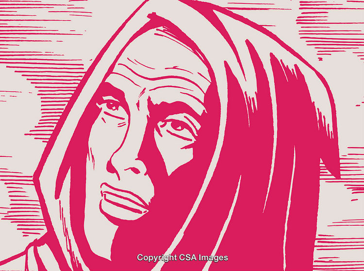 Illustrated Portrait of a Pensive Hooded Figure in Bold Pink Tones