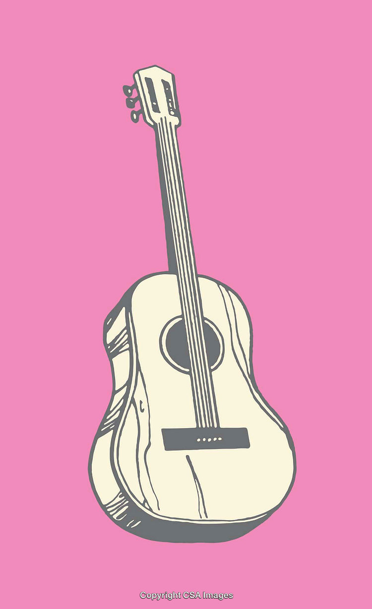 Stylized Acoustic Guitar Illustration with Highlighted Wooden Features and Pink Background