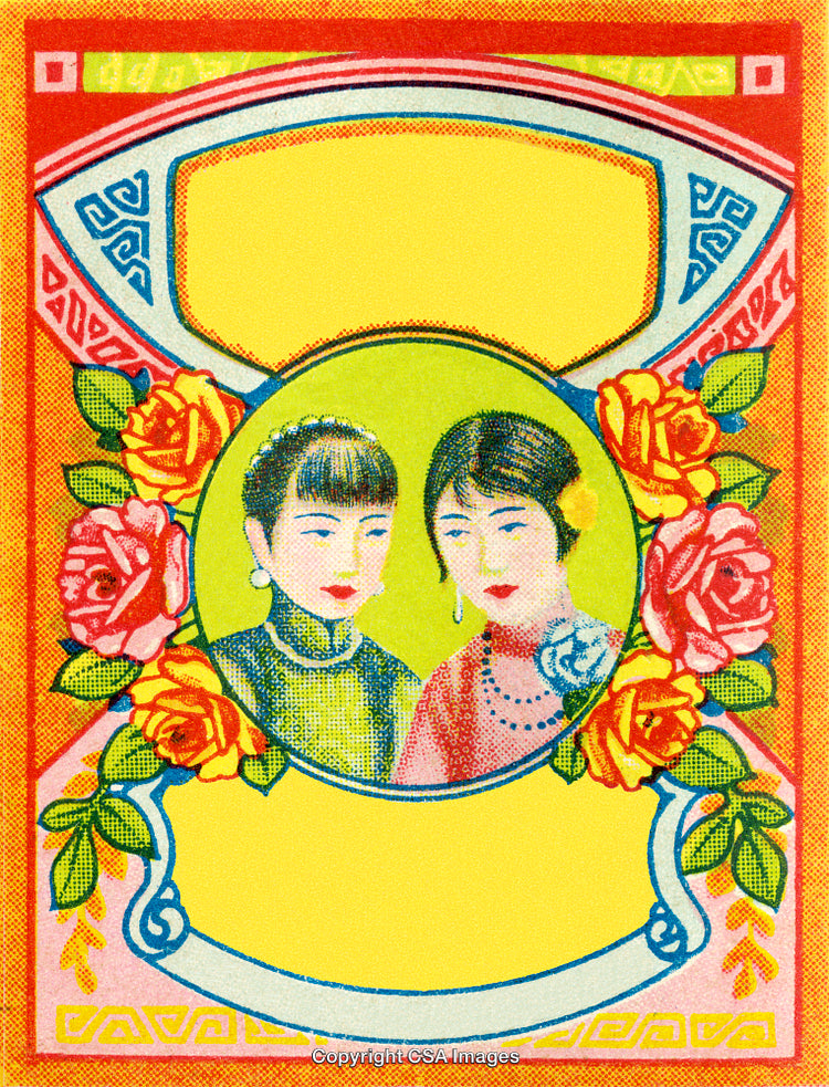 Vintage Art of Two Women Framed With Roses in a Decorative Style
