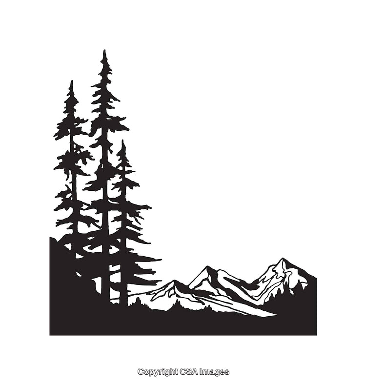 Black and White Line Art of Mountains with Pine Trees