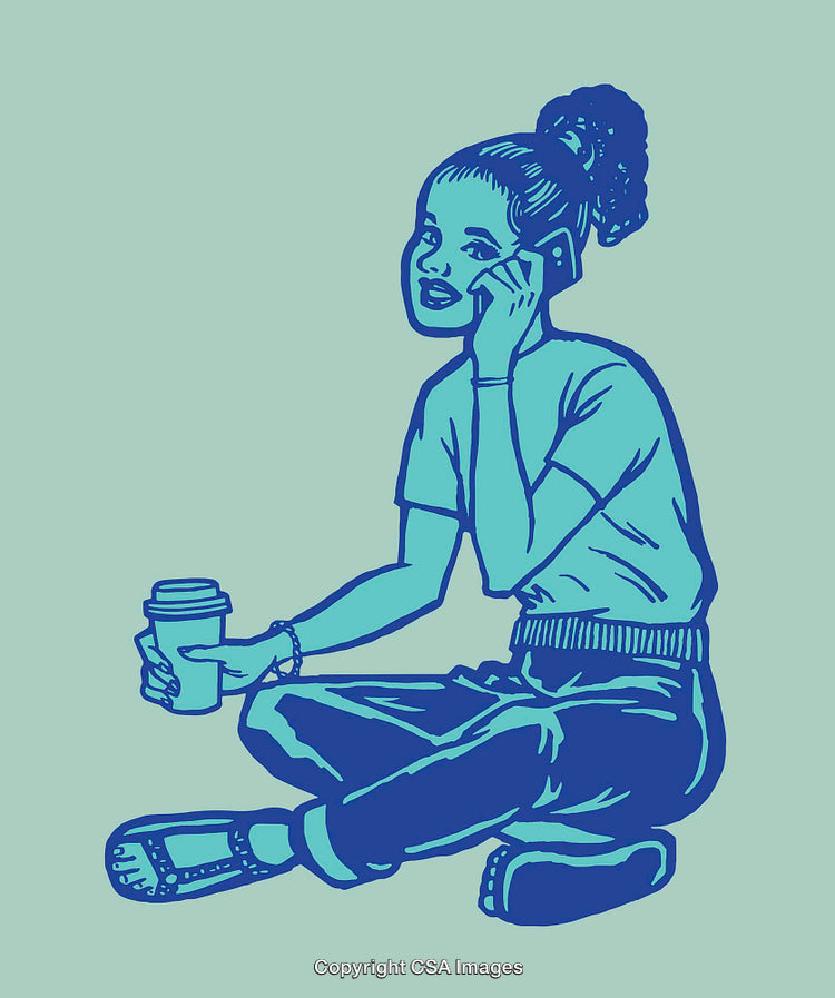 Color Line Art of Woman Relaxing with Phone and Coffee