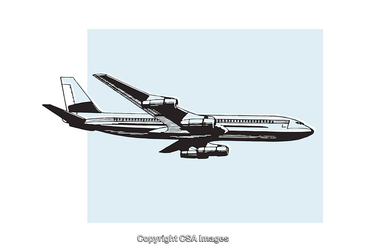 Illustration of a Passenger Airplane in Flight Over a Blue Background
