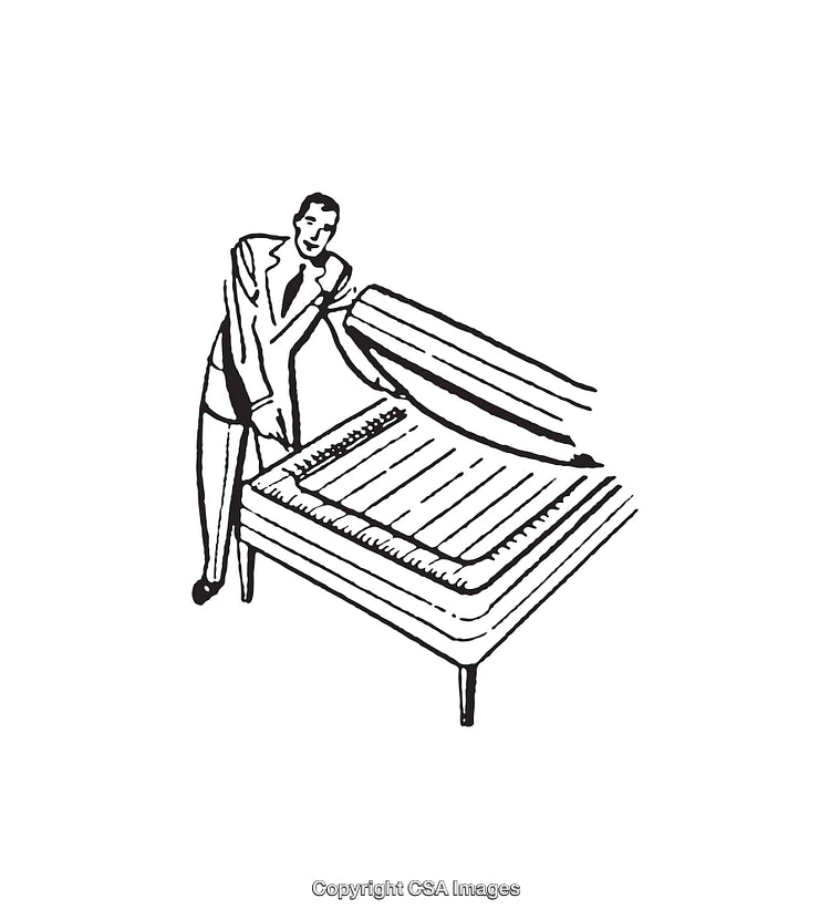 Man Adjusting Bedding on Mattress in Vintage Art Illustration Style