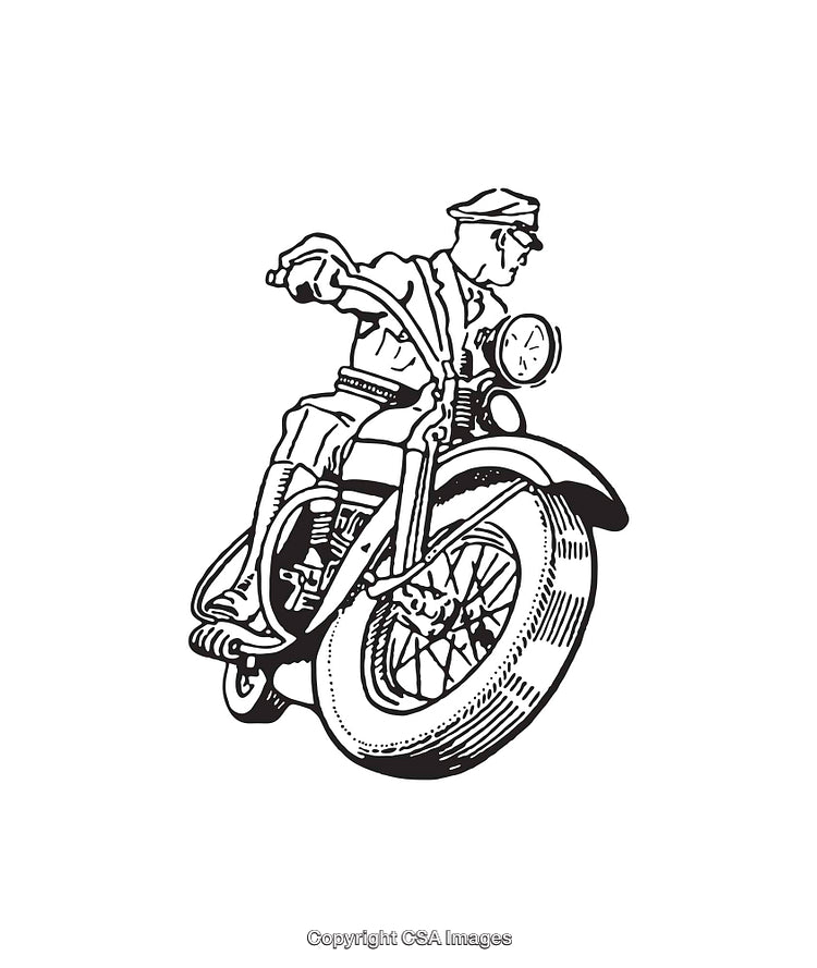 Vintage Motorcycle Rider Line Art Illustration in Black and White