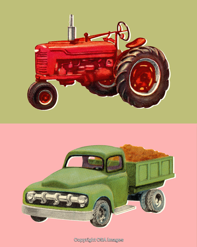 Vintage Tractor and Truck Illustration on Colorful Background