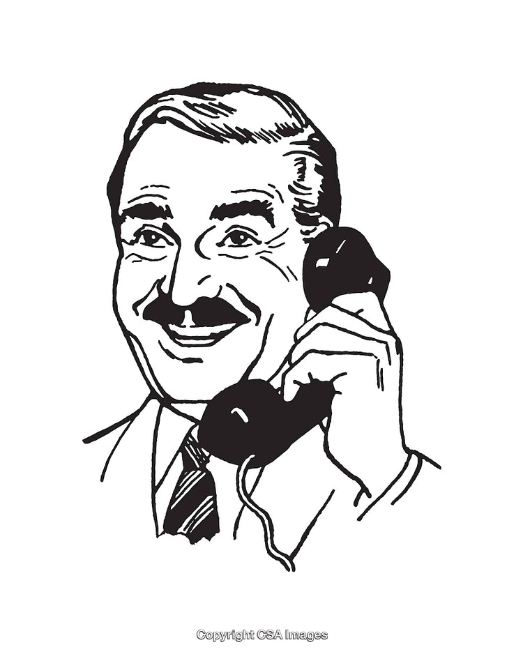 Vintage Line Art of Smiling Businessman Using a Telephone