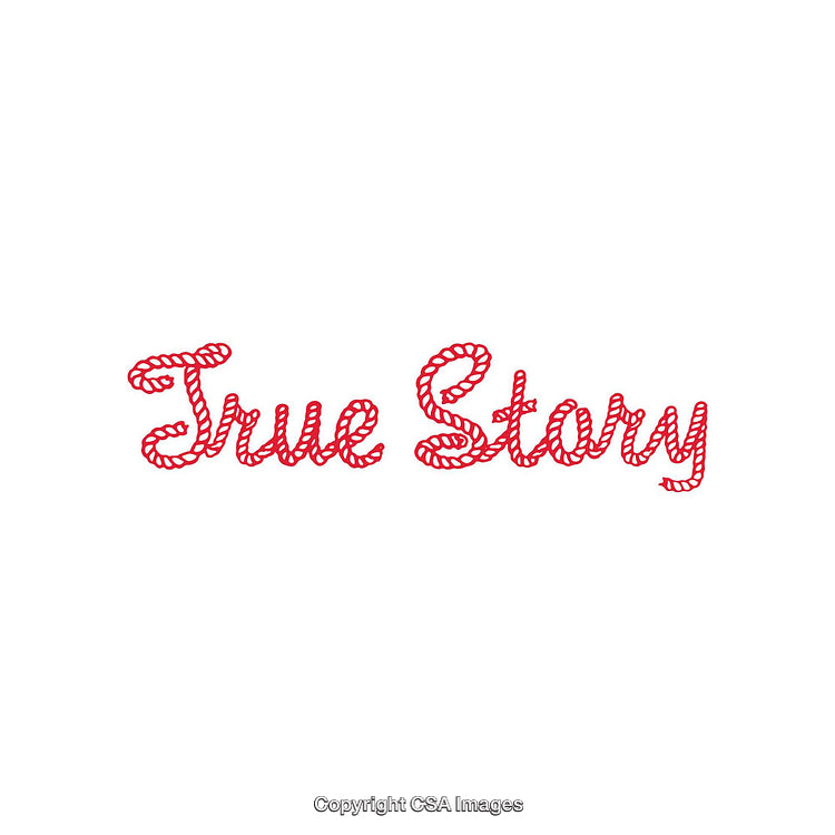 True Story Typography in Red Rope Design on a White Background