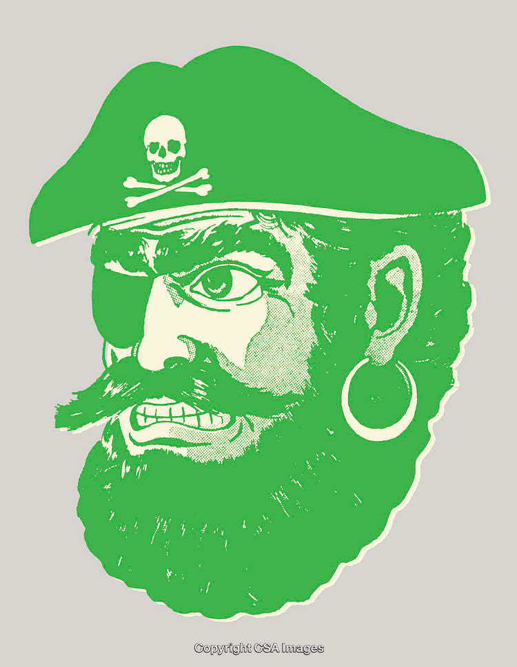 Vivid Green Pirate Illustration Featuring Skull Hat and Fierce Expression