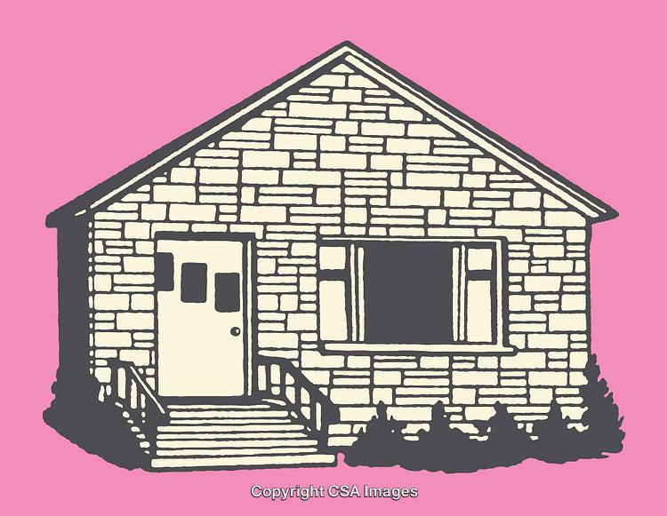 Stone Cottage Illustration Featuring Bold Colors and Minimalist Line Art Design