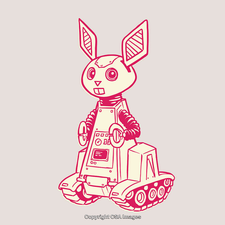 Whimsical Color Line Art of Robot Rabbit on Tank Tracks