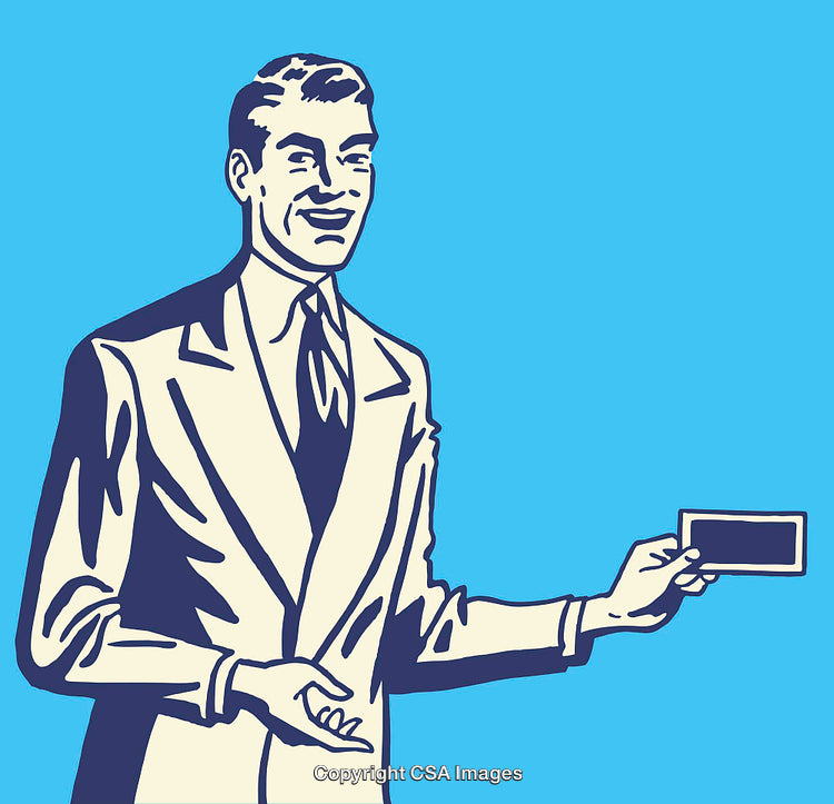 Vintage Business Illustration of Smiling Man Holding a Card