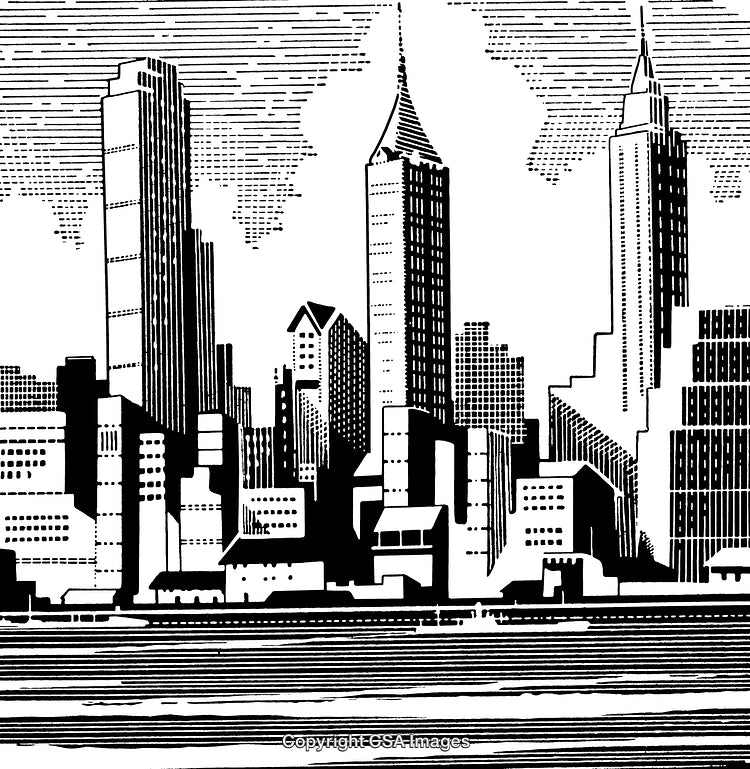 Intricately Detailed Black and White Urban Skyline Engraving Artwork