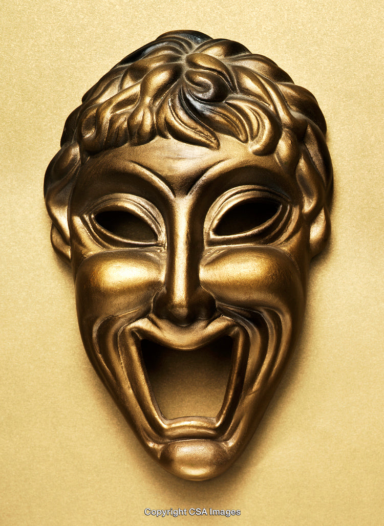 Golden Theater Mask Representing Joy on a Vibrant Background
