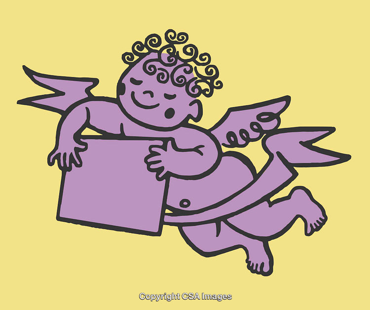 Playful Purple Cherub Illustration on a Yellow Background Holding a Sign