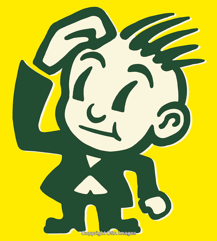 Cartoon Style Character Scratching Head in Thoughtful Pose with Yellow Background