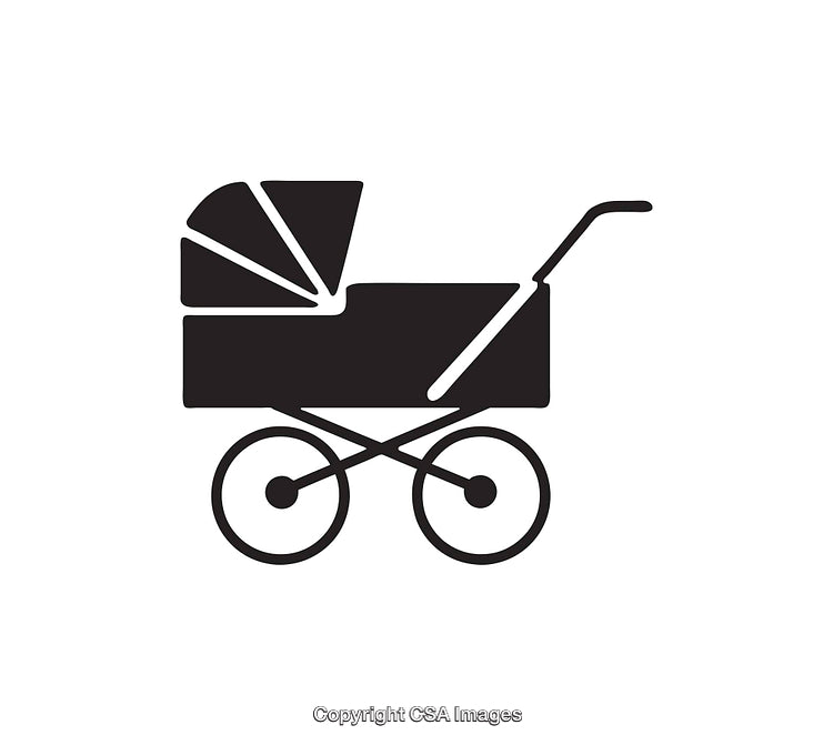 Black and White Icon of a Baby Stroller with Minimalist Design