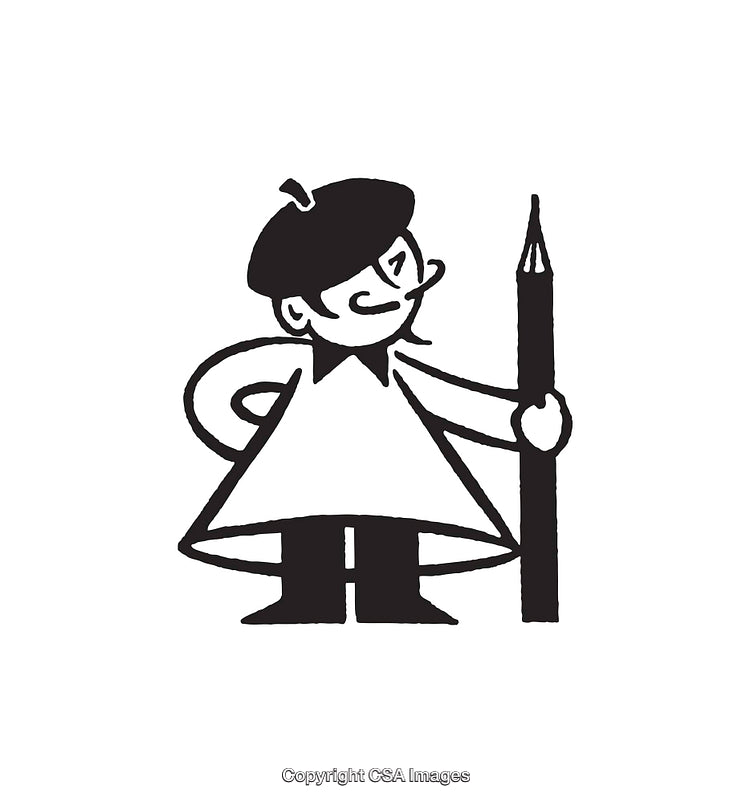 Black and White Illustration of a Creative Character Holding a Pencil