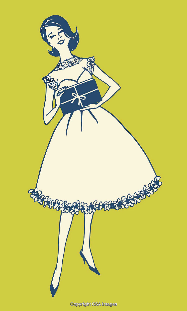 Line Art Illustration of Elegant Woman in Floral Dress Holding Gift