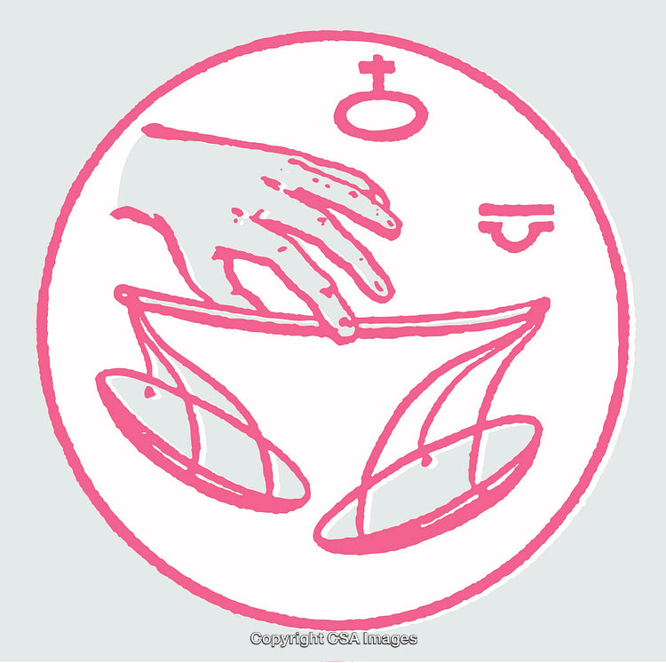 Abstract Pink Line Art Featuring Balancing Scales and Symbols