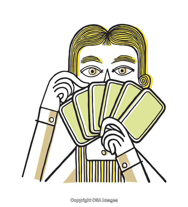 Playful Illustration of Person Holding Cards With Intriguing Expression