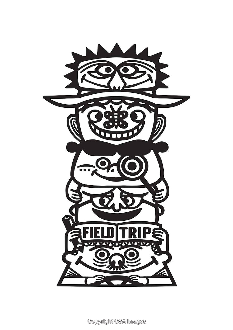 Playful Black and White Line Art Totem Composition with Unique Expressions
