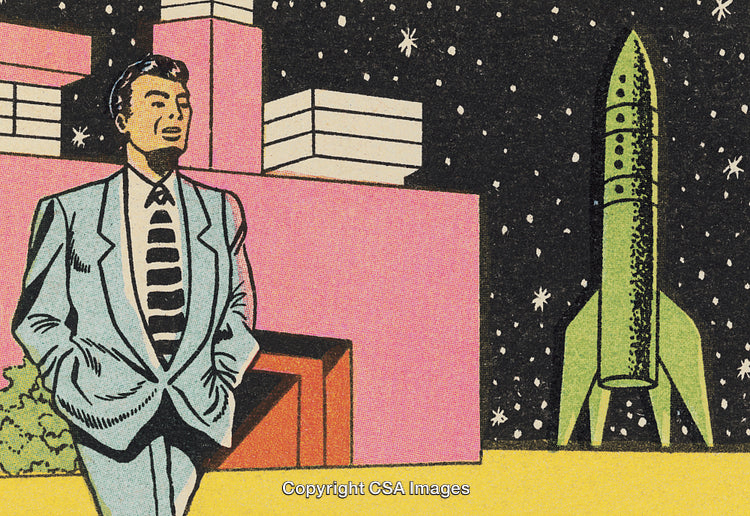 Retro Futuristic Scene Featuring a Businessman and Rocket in Starry Space