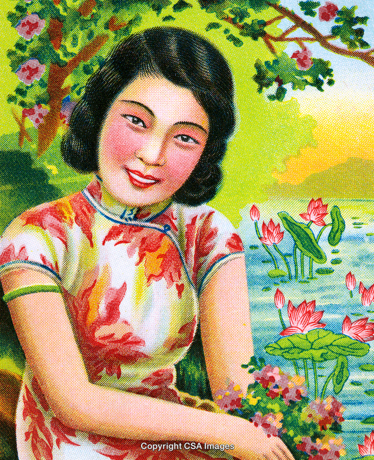 Elegantly Dressed Woman Posing by Lotus Pond in Vibrant Retro Illustration