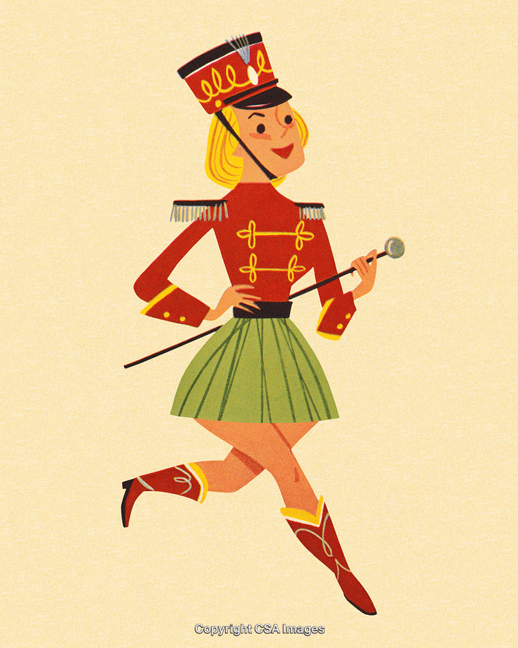 Vintage Illustration of a Cheerful Female Majorette Performer in Parade Uniform