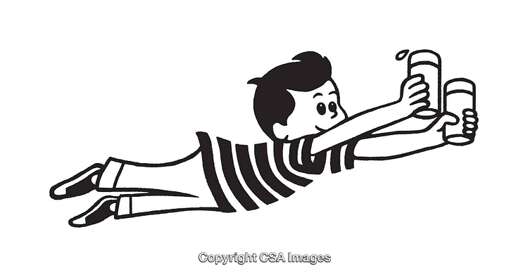 Black and White Line Art of a Flying Child Holding Cups